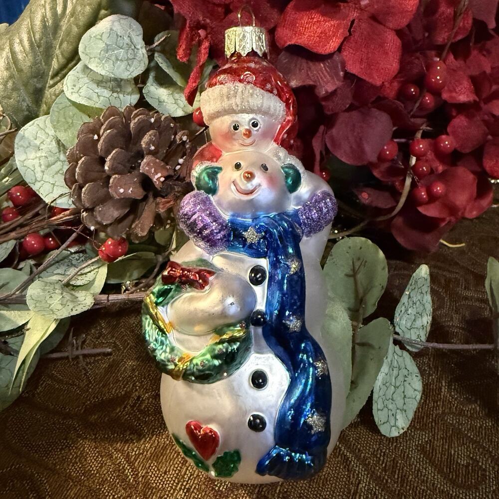 VTG Lao Mai Christmas Snowman Blown Glass Ornament 6” Anthropomorphic Dad & Son